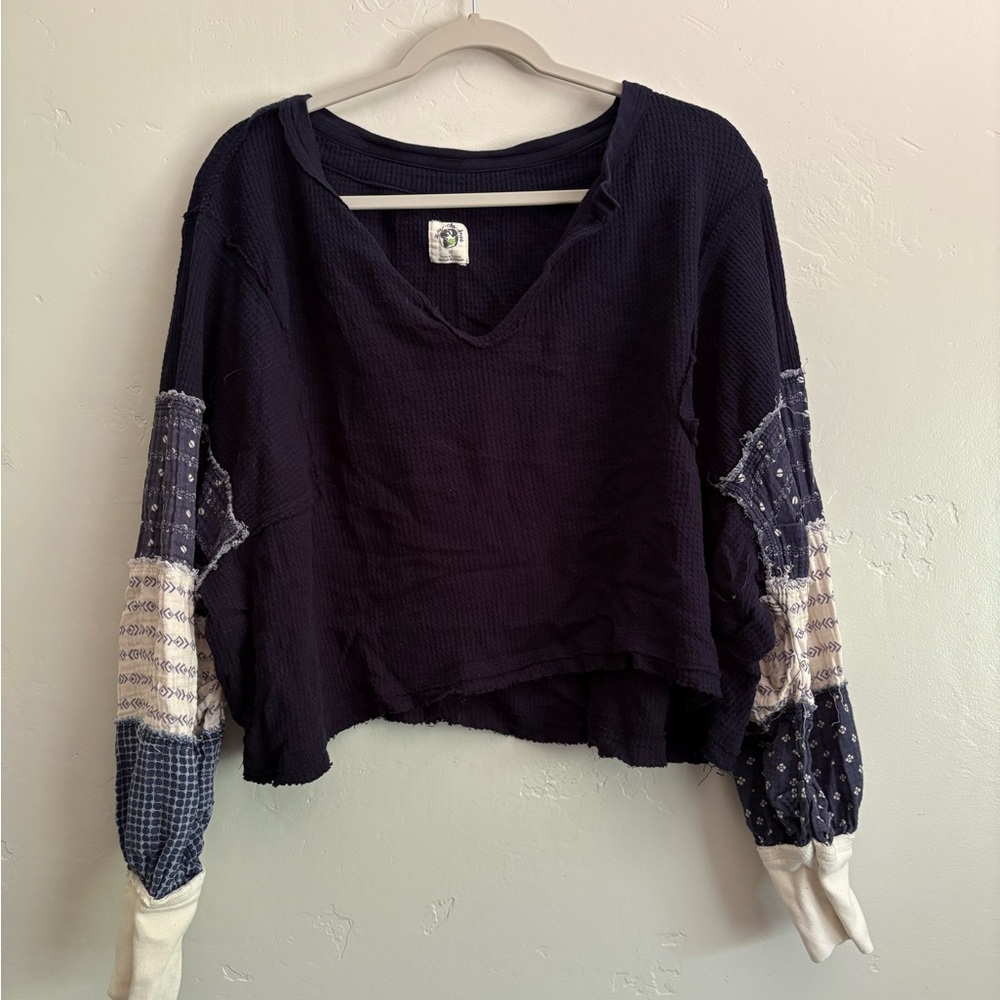 Free People Dark Blue Patchwork Long Sleeve Top